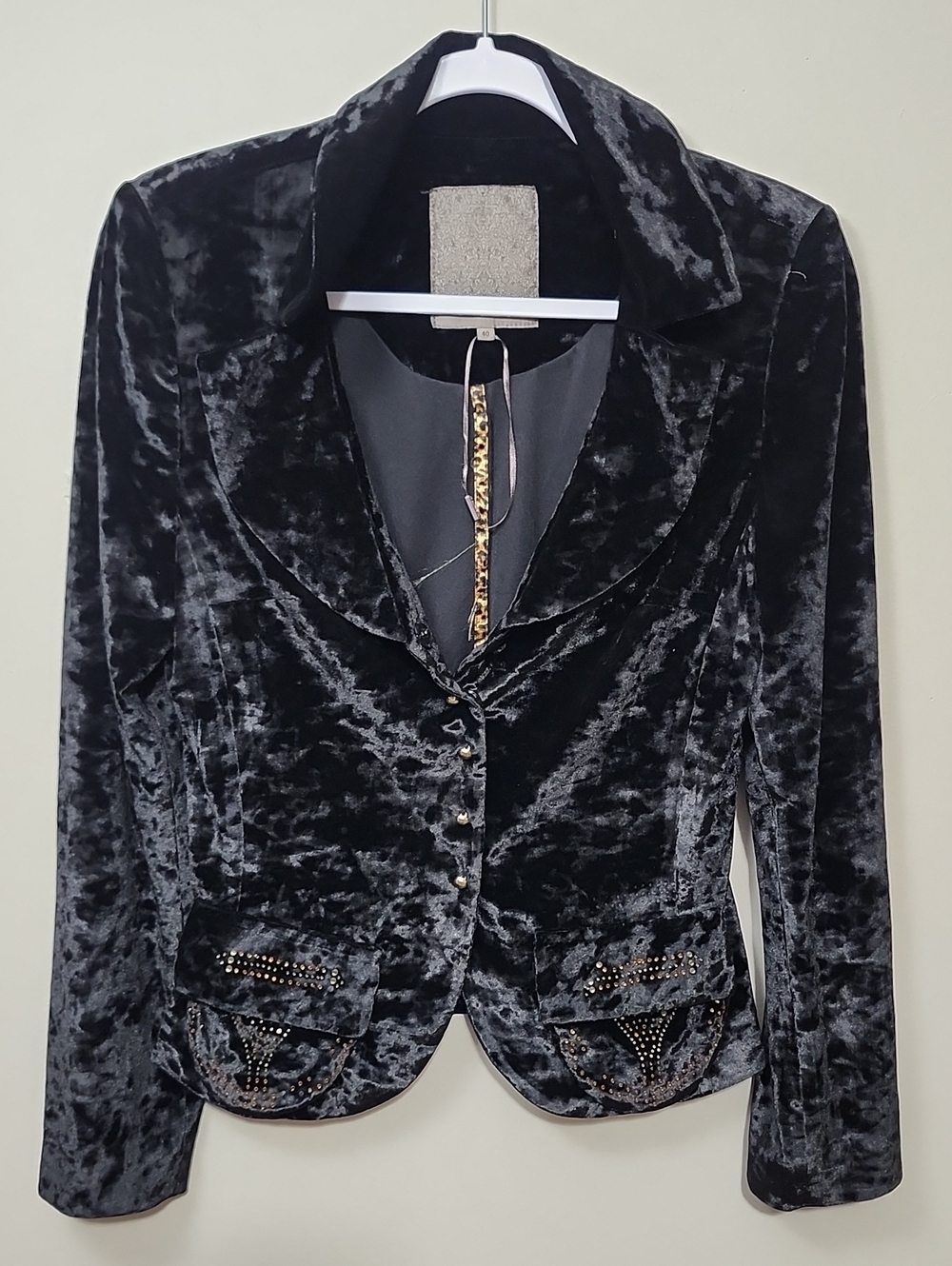 PLAKA Black Crushed Velvet Embellished Statement Blazer Corporate Whimsigoth Boh
